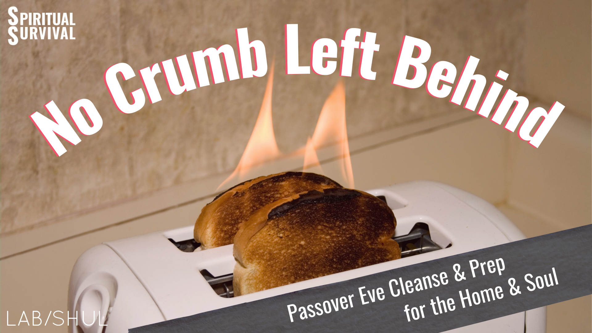 Picture of a flaming toaster with the words No Crumb Left Behind, Passover Prep & Cleanse for the Home & Soul